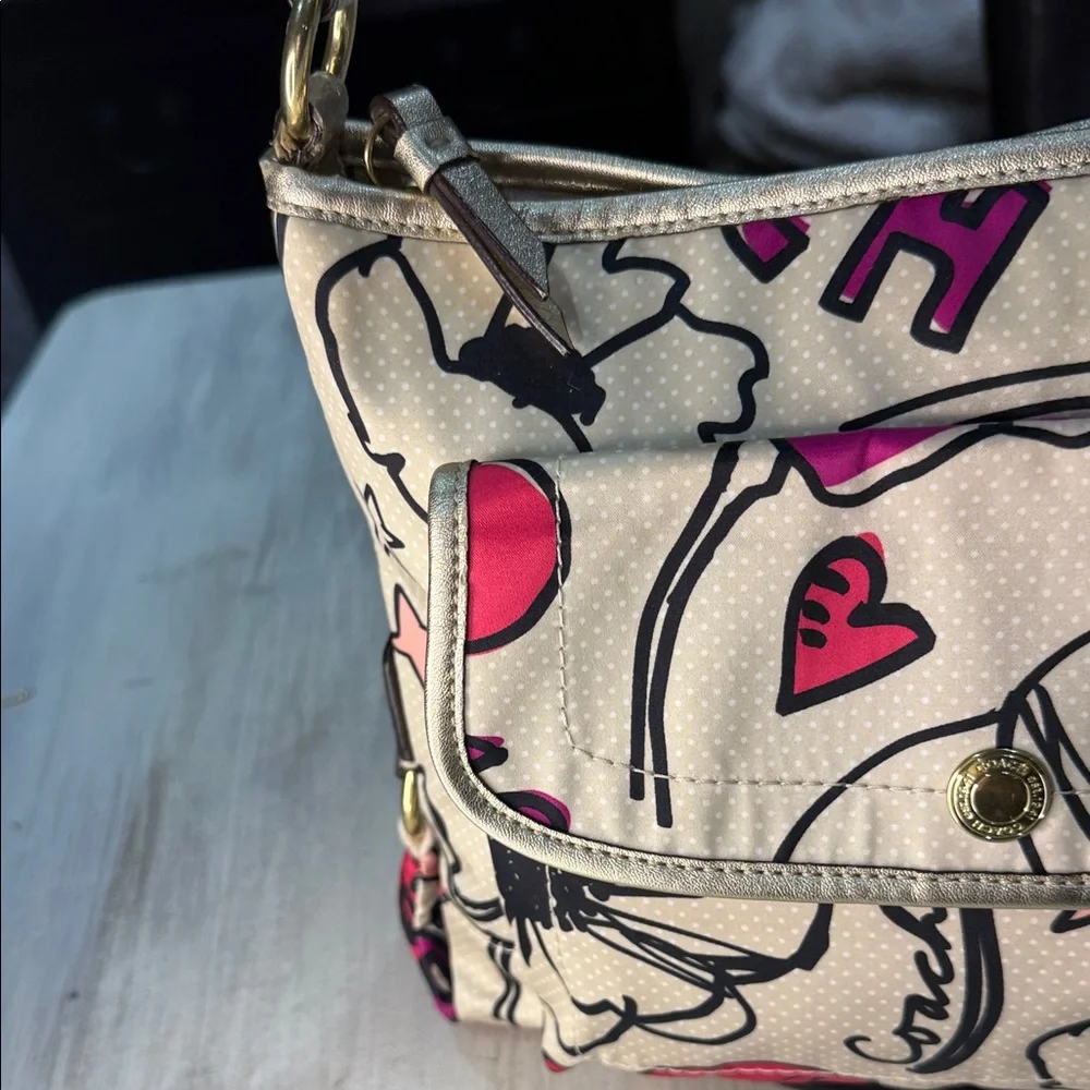 Coach Poppy Beige and Pink Floral Graphic Shoulder Bag